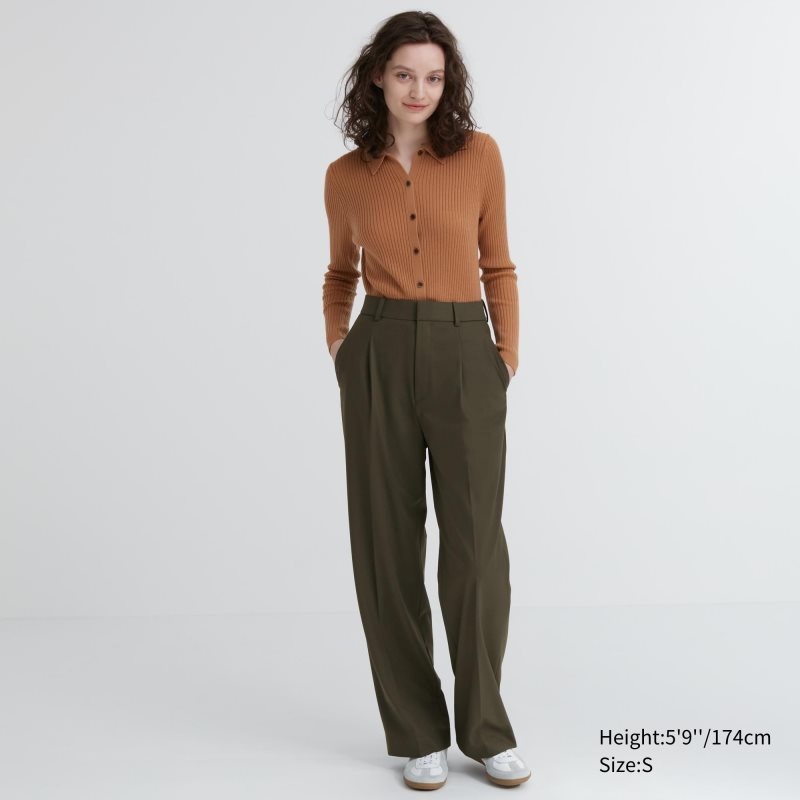 Olive Women Uniqlo Wide-fit Pleated (Tall) Pants | USA NEGBH-2839