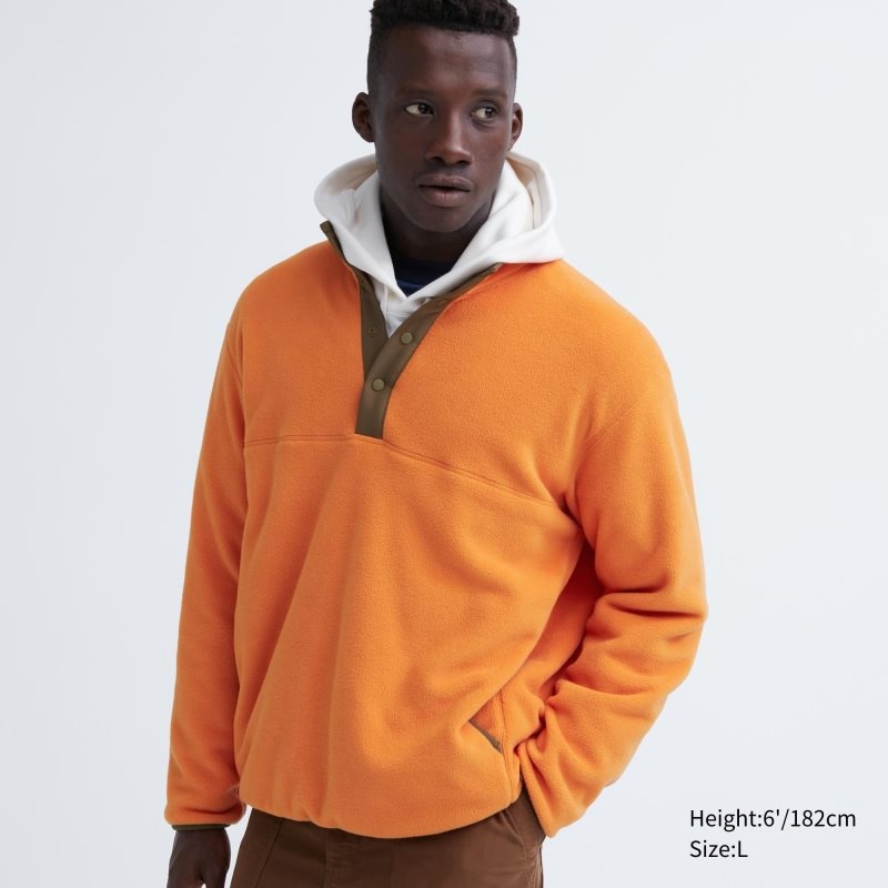 Orange Men Uniqlo Fleece Button Up Long Sleeve Pullover Hoodie | USA YJASW-9607