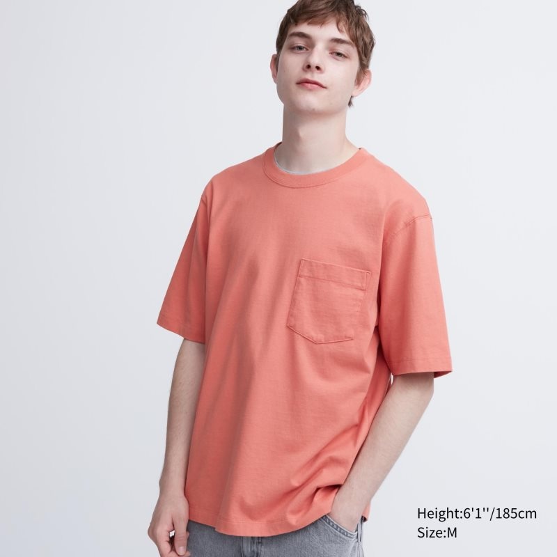 Orange Men Uniqlo Oversized Pocket Crew Neck Half-sleeve T Shirts | USA ISTAV-1604