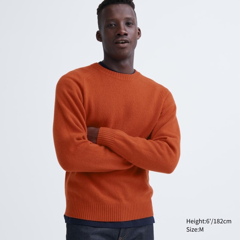 Orange Men Uniqlo Premium Lambswool Crew Neck Long Sleeve Sweaters | USA MIQWU-5139