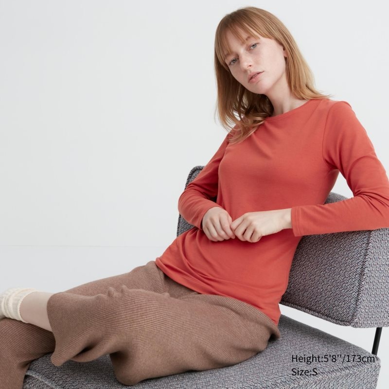 Orange Women Uniqlo Heattech Cotton Crew Neck Long-sleeve (Extra Warm) T Shirts | USA LQJSK-2391