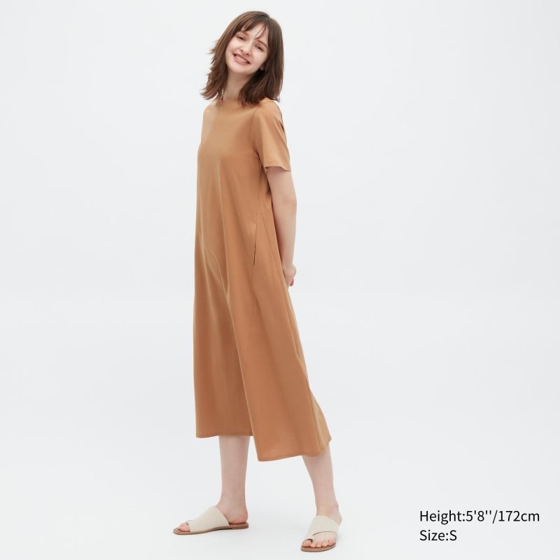 Orange Women Uniqlo Mercerized Cotton Short-sleeve A-line Dress | USA EDXAL-4031