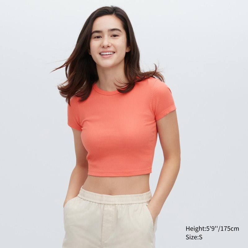 Orange Women Uniqlo Ribbed Crew Neck Short-sleeve Cropped T Shirts | USA AMLQY-4081