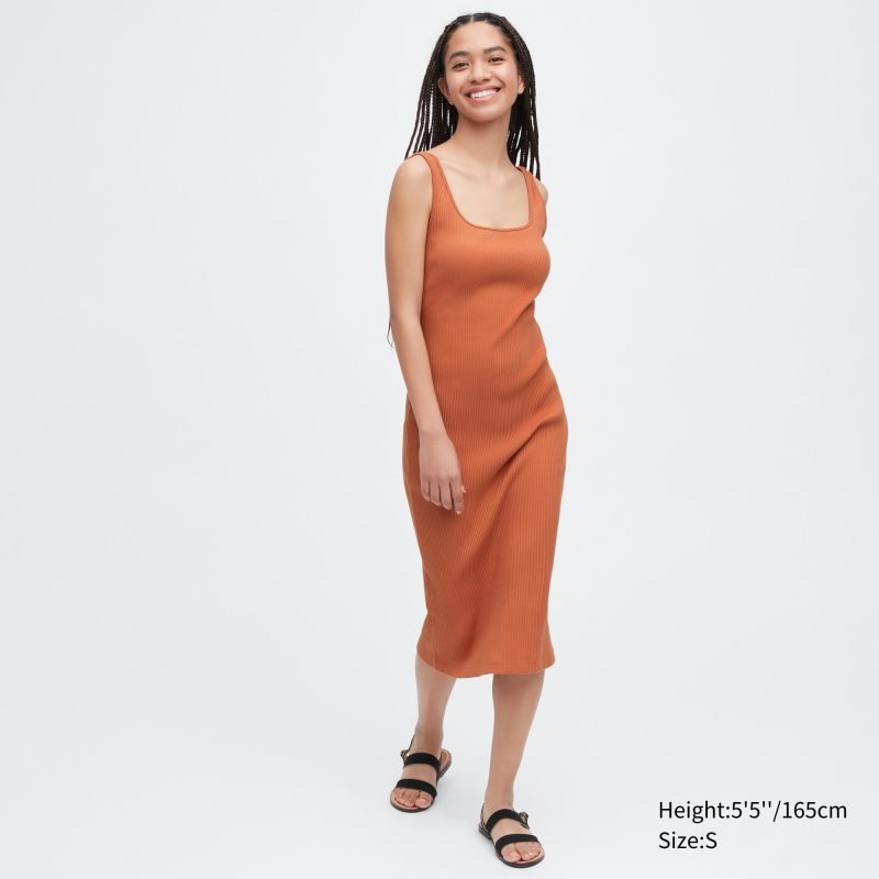 Orange Women Uniqlo Ribbed Square Neck Sleeveless Dress | USA NIXHO-2754