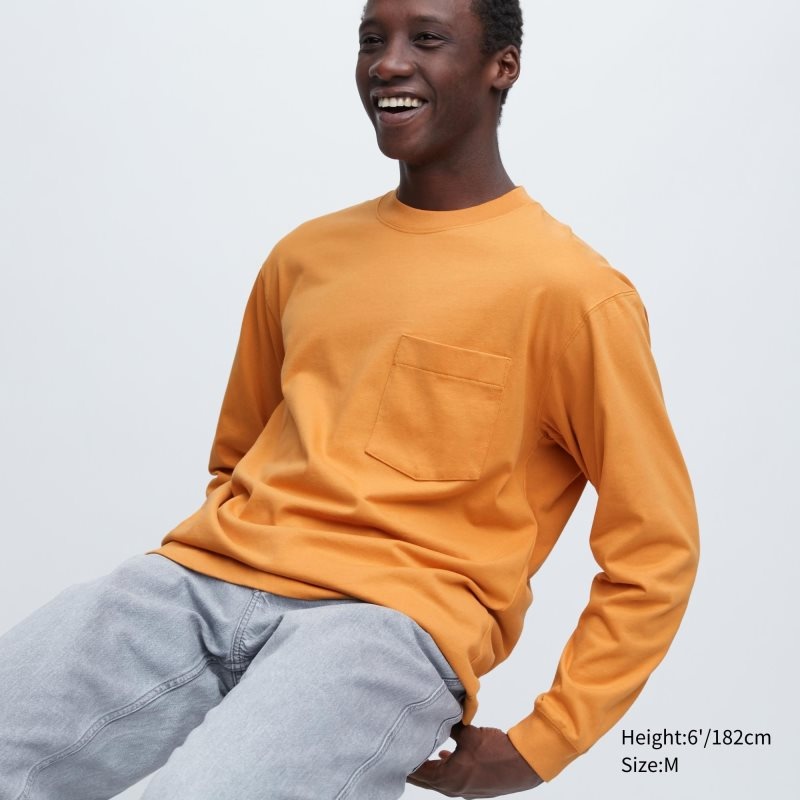 Orange Women Uniqlo Washed Cotton Crew Neck Long-sleeve T Shirts | USA LSNXH-6927