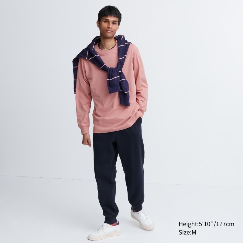 Pink Men Uniqlo Airism Cotton Uv Protection Crew Neck Long-sleeve T Shirts | USA GTQHD-5896