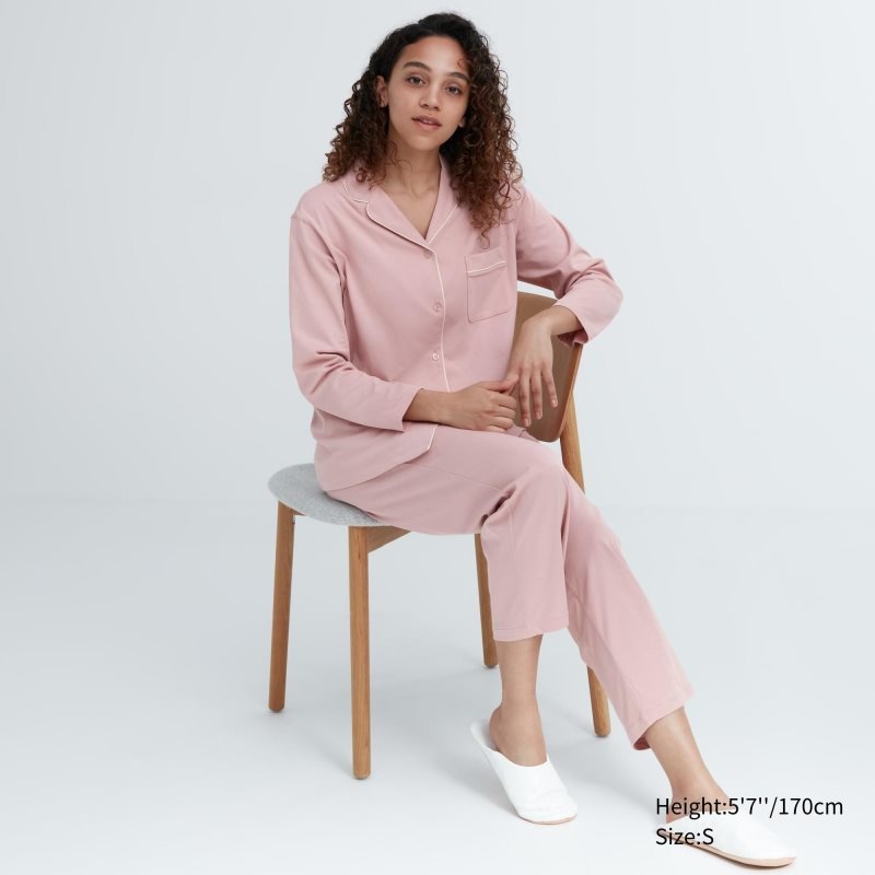 Pink Women Uniqlo Airism Cotton Long-sleeve Pajamas | USA DGRKU-5873