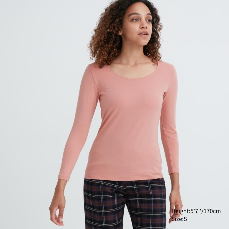 Pink Women Uniqlo Heattech Cotton Scoop Neck Long-sleeve (Extra Warm) T Shirts | USA IYWNL-2769