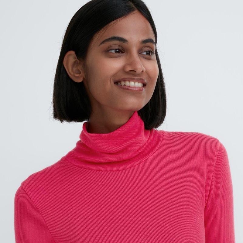 Pink Women Uniqlo Heattech Extra Warm Seamless Ribbed Turtleneck Long-sleeve T Shirts | USA EDXHJ-1695