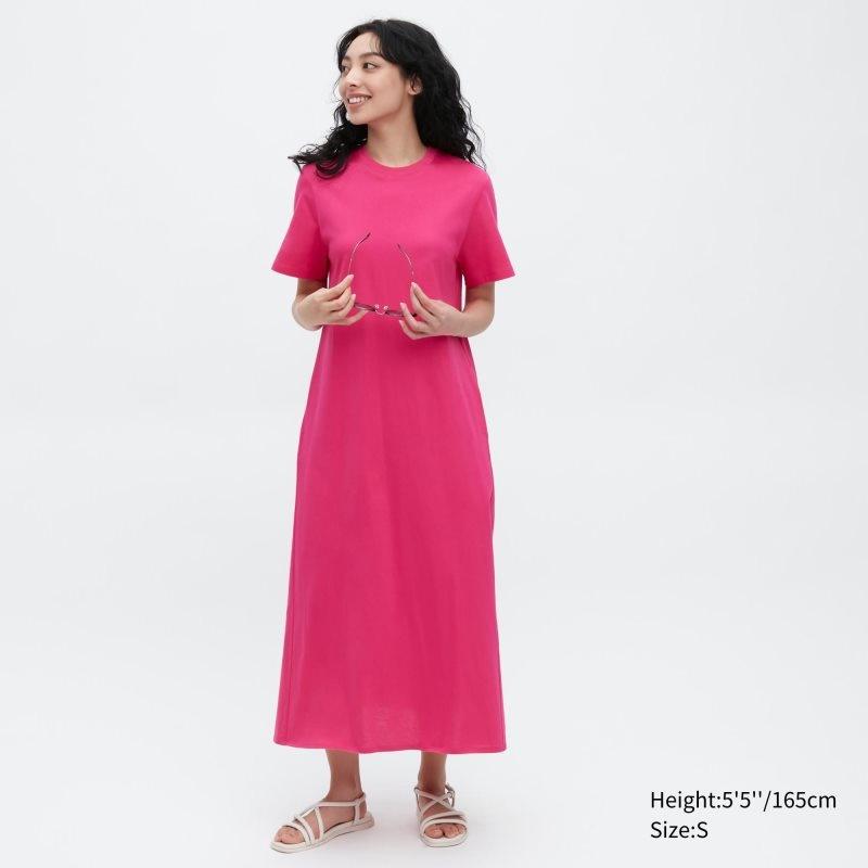 Pink Women Uniqlo Mercerized Cotton Short-sleeve A-line Dress | USA YDLCQ-3902