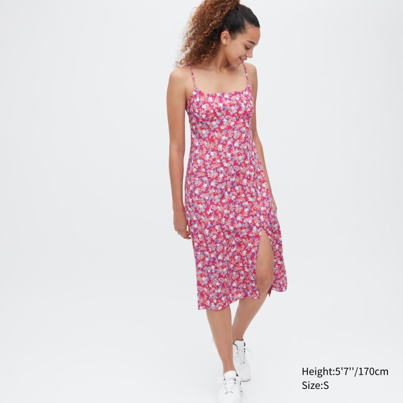 Pink Women Uniqlo Printed Front Slit Camisole Dress | USA ODQXU-1038