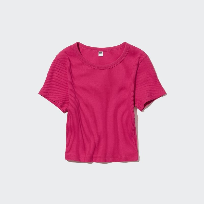 Pink Women Uniqlo Ribbed Crew Neck Short-sleeve Cropped T Shirts | USA TFOGI-3619