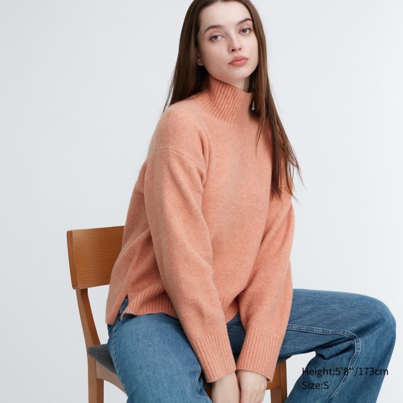 Pink Women Uniqlo Souffle Yarn Long Sleeve High Neck Sweaters | USA QYJTM-9032