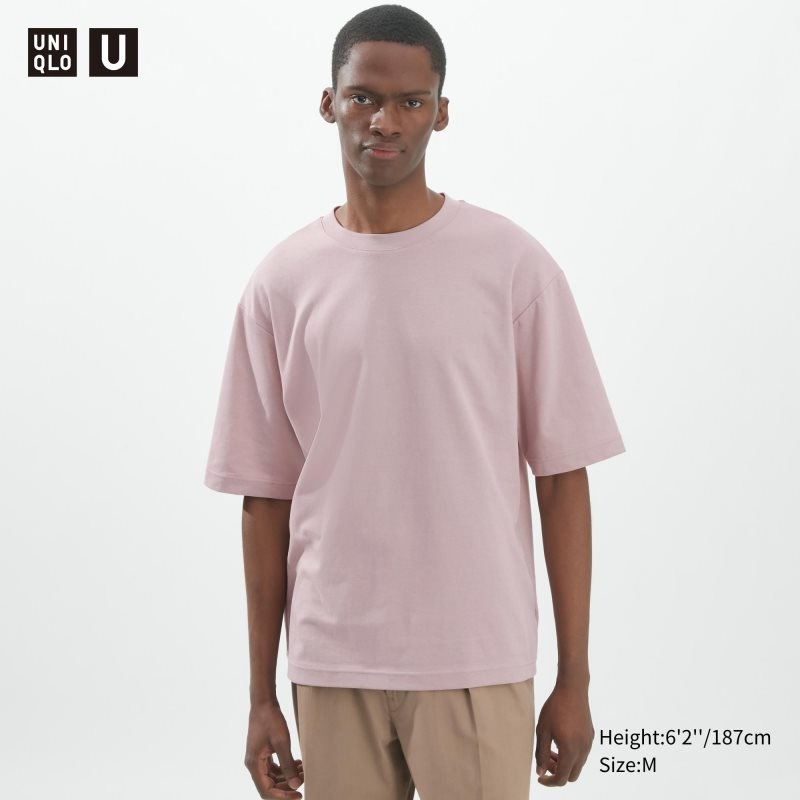 Pink Women Uniqlo U Airism Cotton Oversized Crew Neck Half-sleeve T Shirts | USA ZTNCW-3167