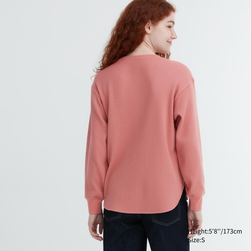 Pink Women Uniqlo Waffle Crew Neck Long-sleeve T Shirts | USA FXQCM-0956