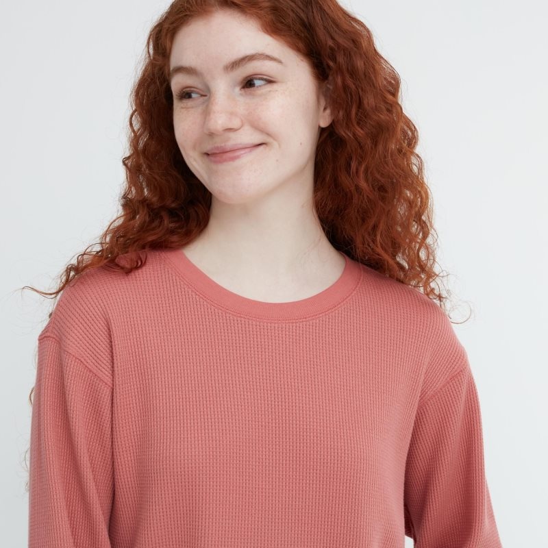 Pink Women Uniqlo Waffle Crew Neck Long-sleeve T Shirts | USA FXQCM-0956