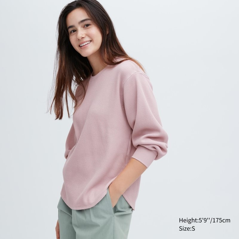 Pink Women Uniqlo Waffle Crew Neck Long-sleeve T Shirts | USA FXQCM-0956