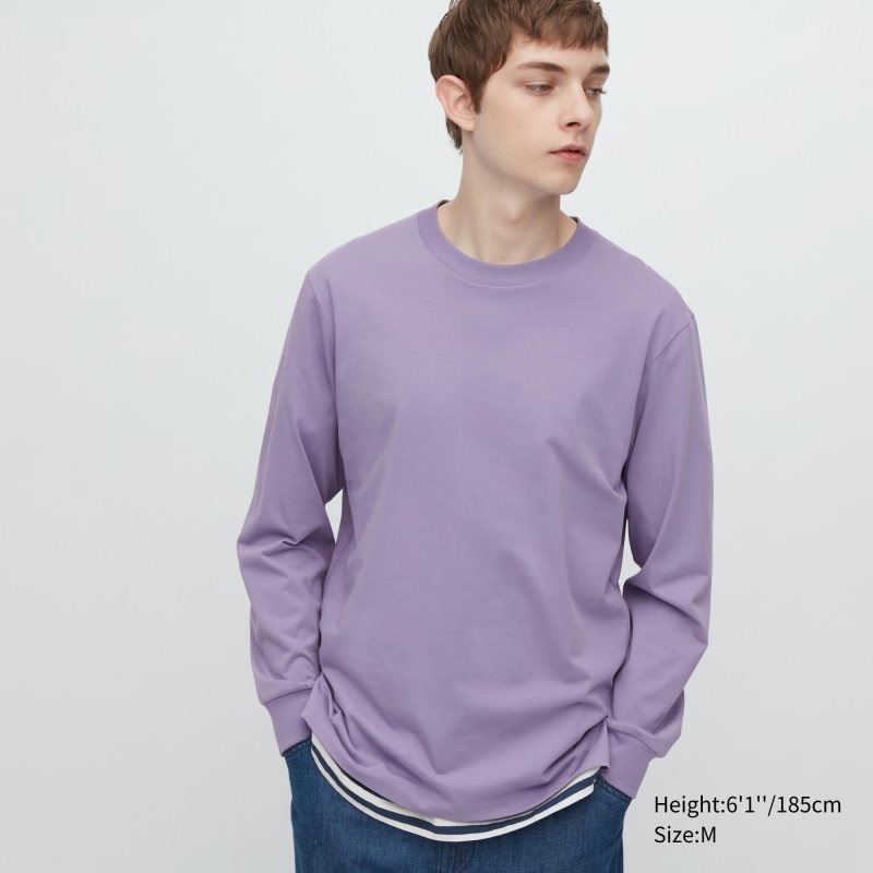 Purple Men Uniqlo Airism Cotton Uv Protection Crew Neck T Shirts | USA WTVLX-8035