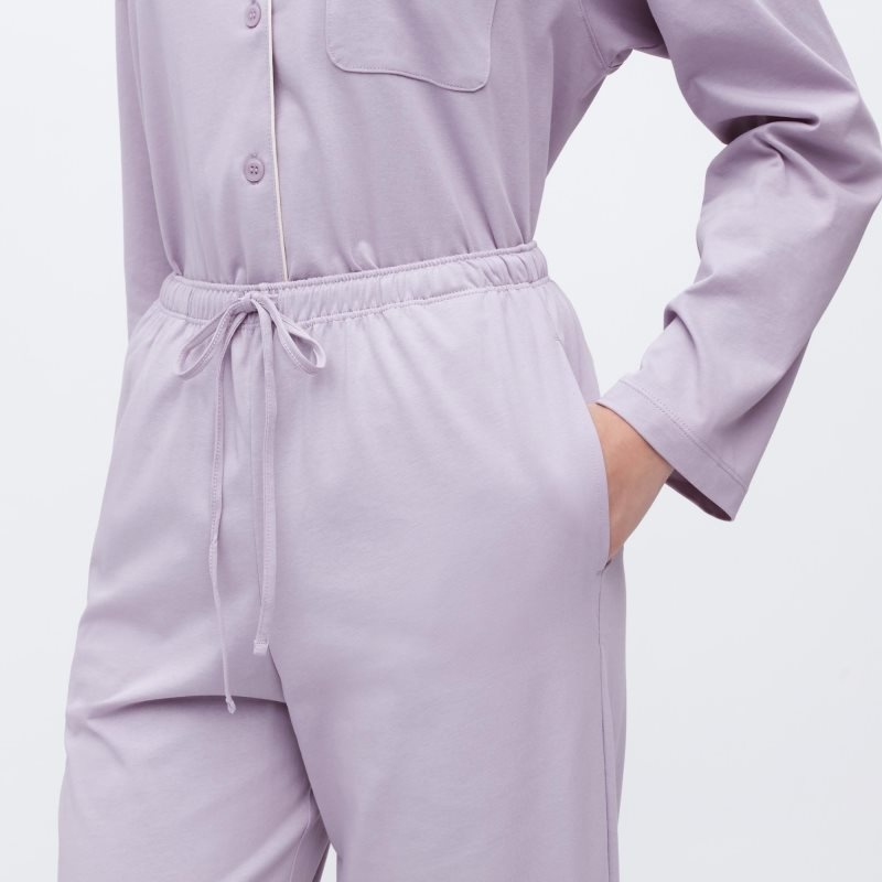 Purple Women Uniqlo Airism Cotton Long-sleeve Pajamas | USA PFZUQ-9845