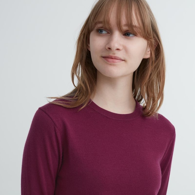 Purple Women Uniqlo Extra Fine Merino Crew Neck Sweaters | USA MRAEO-3485