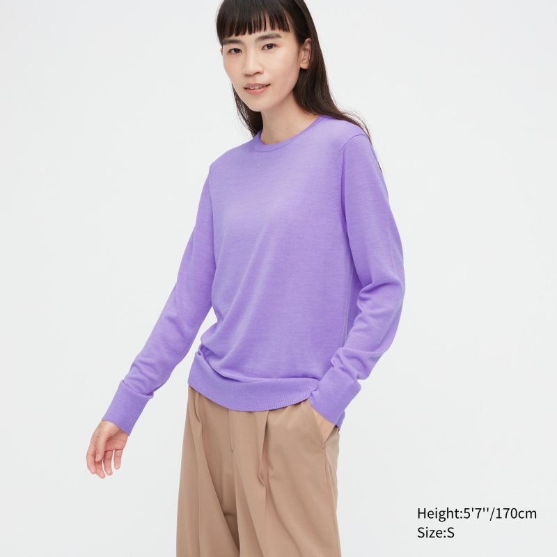 Purple Women Uniqlo Extra Fine Merino Crew Neck Sweaters | USA MRAEO-3485