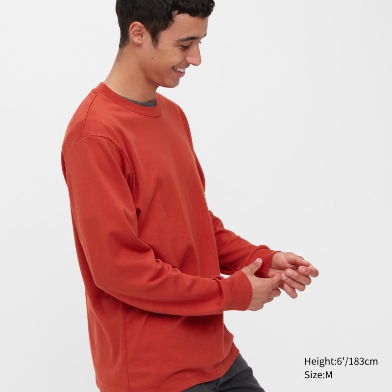 Red Men Uniqlo Brushed Cotton Crew Neck Long-sleeve T Shirts | USA XIRLP-3186