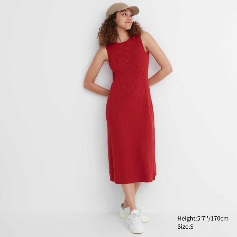 Red Women Uniqlo Cotton Blend Knit Sleeveless Dress | USA UYMNB-8546