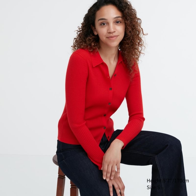 Red Women Uniqlo Extra Fine Merino Ribbed Polo Cardigan | USA KOENR-2543