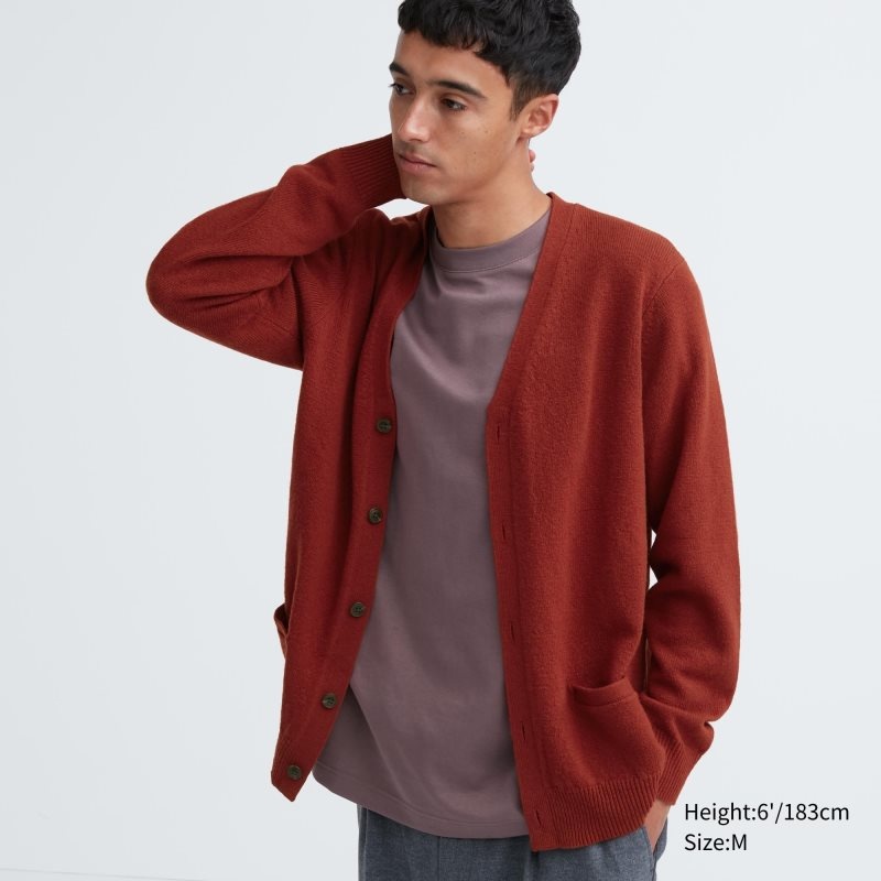 Red Women Uniqlo Premium Lambswool V-neck Long-sleeve Cardigan | USA WPBHK-5243