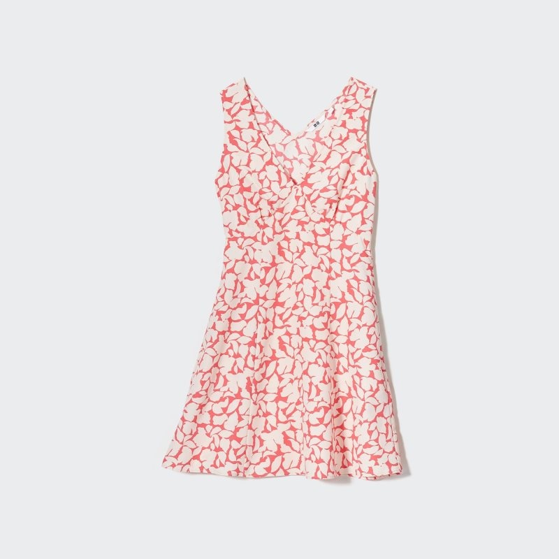 Red Women Uniqlo Printed V-neck Sleeveless Mini Dress | USA XSUNC-0134