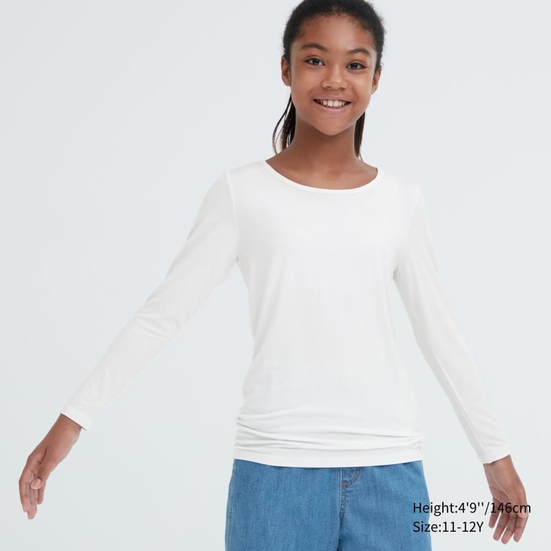 White Kids Uniqlo Heattech Scoop Neck Long-sleeve T Shirts | USA WCUIP-2379