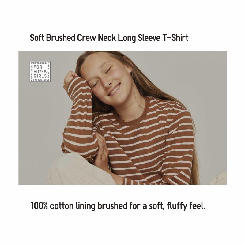 White Kids Uniqlo Soft Brushed Striped Crew Neck Long-sleeve T Shirts | USA VIQNC-6198