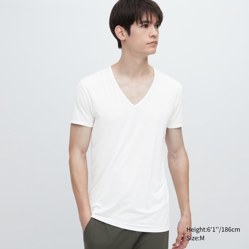 White Men Uniqlo Airism V-neck Short-sleeve T Shirts | USA WKOTB-4156