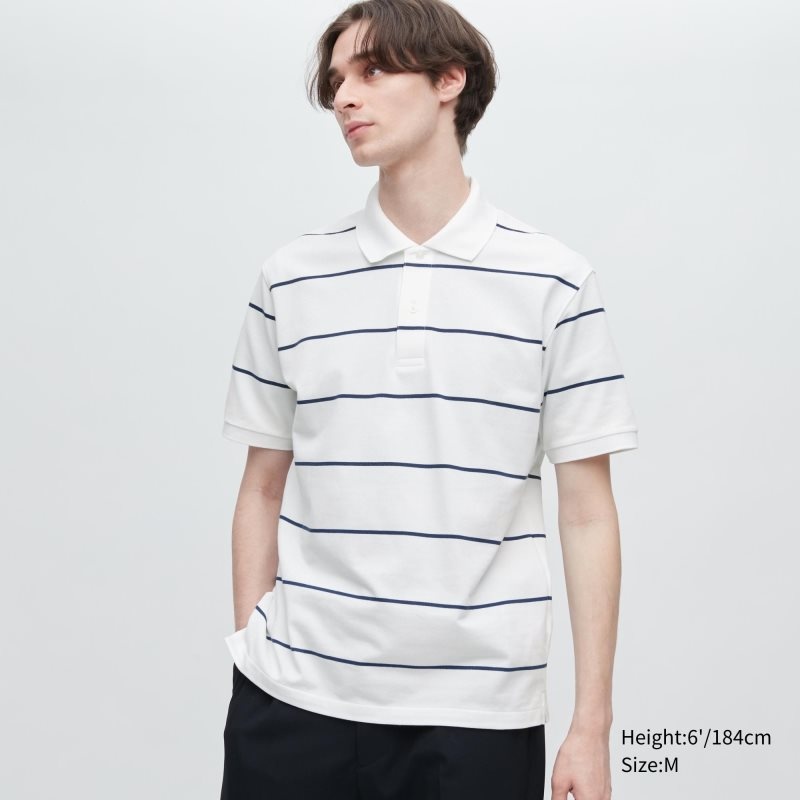 White Men Uniqlo Dry Pique Striped Short-sleeve Polo Shirts | USA QJNKB-6839