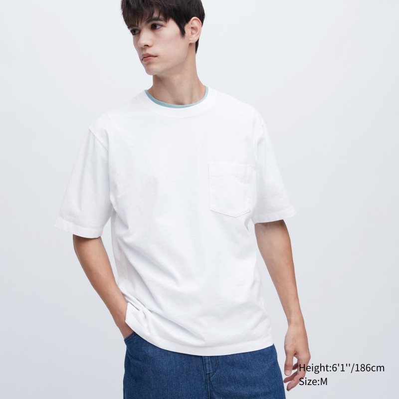 White Men Uniqlo Oversized Pocket Crew Neck Half-sleeve T Shirts | USA QTLDH-7412