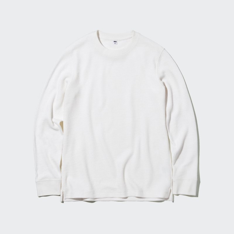 White Men Uniqlo Waffle Crew Neck Long-sleeve T Shirts | USA LIVWY-8527