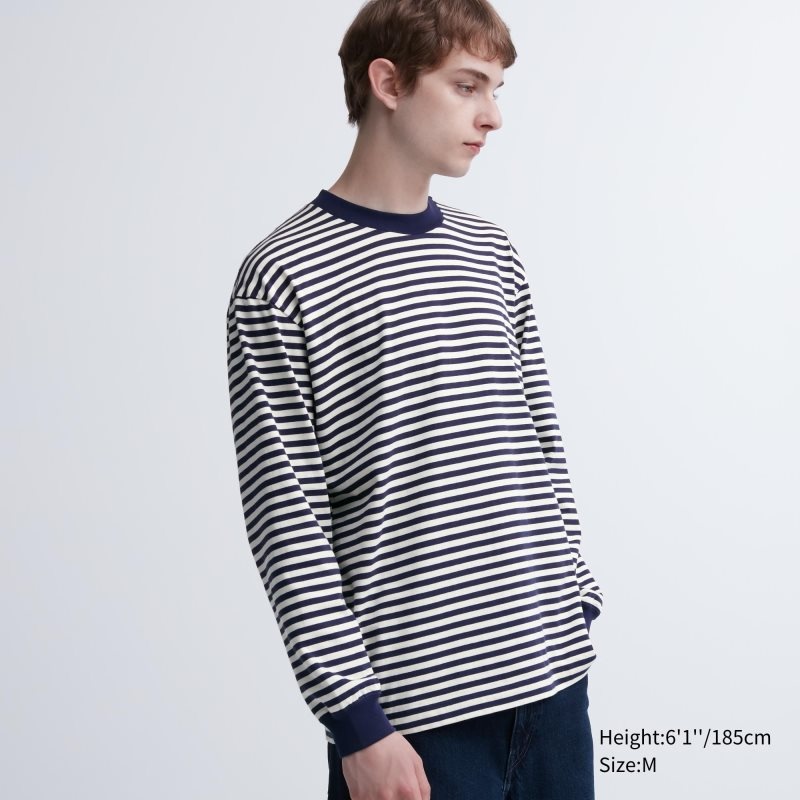 White Men Uniqlo Washed Cotton Oversized Crew Neck Long-sleeve (Striped) T Shirts | USA ZBUEV-4306