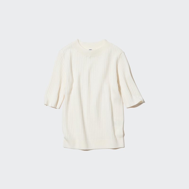 White Women Uniqlo Extra Fine Merino Ribbed Half-sleeve Short Sweaters | USA IYLTX-7826