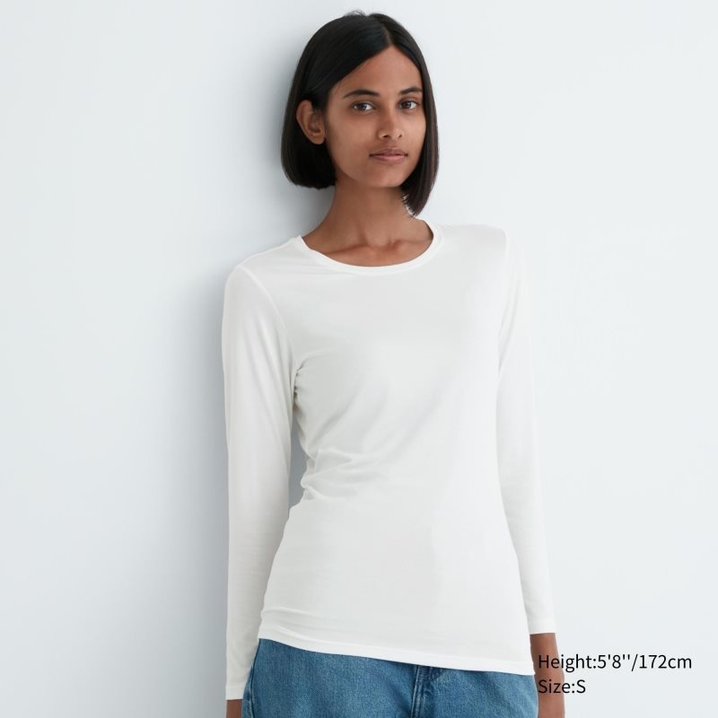 White Women Uniqlo Heattech Crew Neck Long-sleeve T Shirts | USA SPKQR-3709