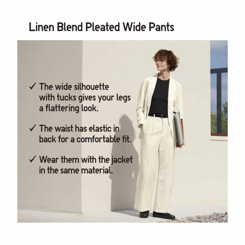 White Women Uniqlo Linen Blend Tucked Wide Pants | USA LBOAQ-5682