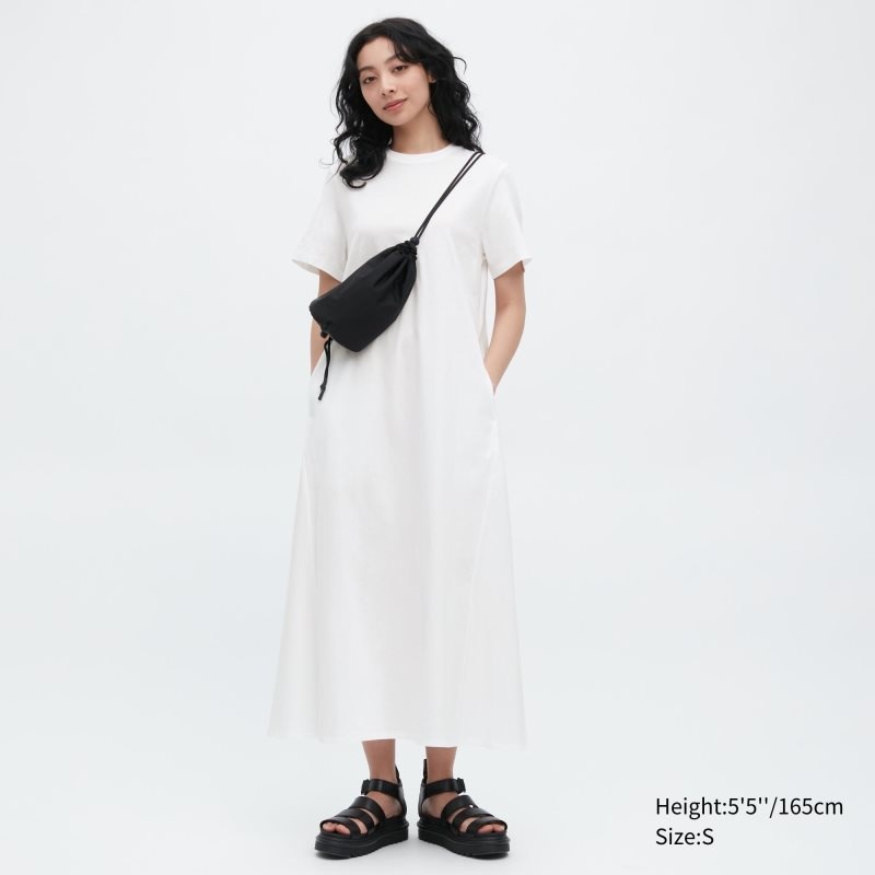 White Women Uniqlo Mercerized Cotton Short-sleeve A-line Dress | USA SJYKW-1247