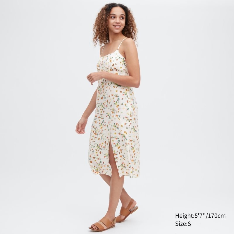 White Women Uniqlo Printed Front Slit Camisole Dress | USA LSBPV-7186