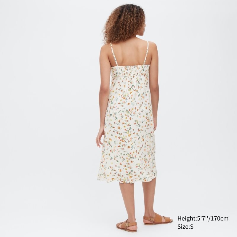 White Women Uniqlo Printed Front Slit Camisole Dress | USA LSBPV-7186