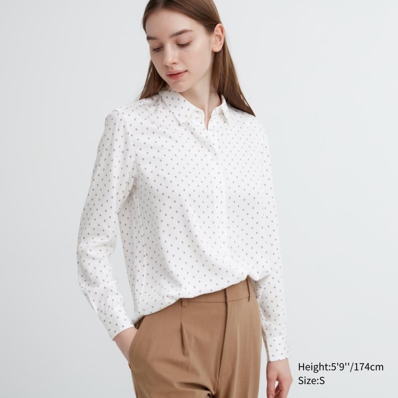 White Women Uniqlo Rayon Printed Long-sleeve Blouse | USA IXEAJ-6429