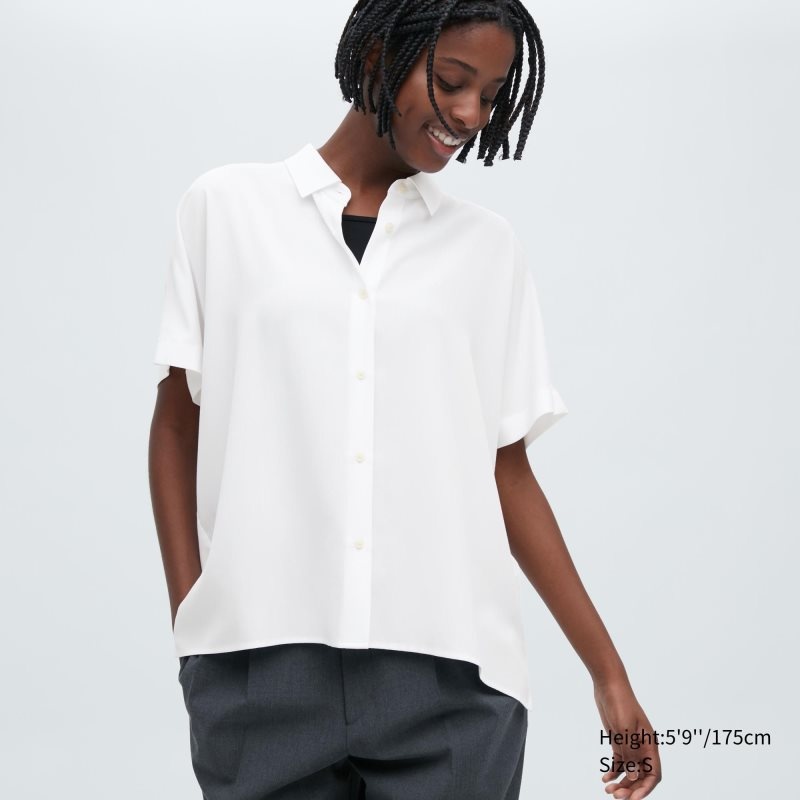 White Women Uniqlo Rayon Short-sleeve Blouse | USA DLFAW-8645