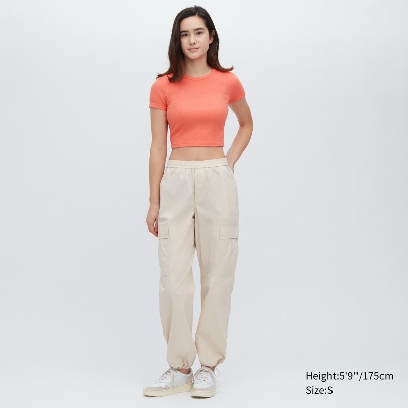 White Women Uniqlo Ribbed Crew Neck Short-sleeve Cropped T Shirts | USA AXDMG-8390