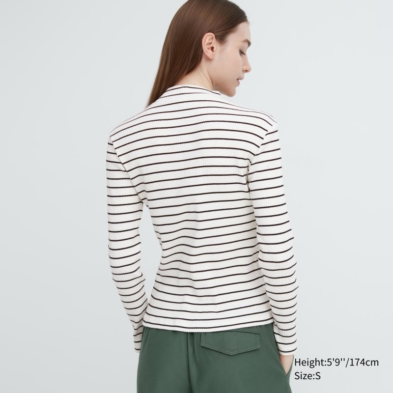 White Women Uniqlo Ribbed Striped High Neck Long-sleeve T Shirts | USA PEYHZ-5079