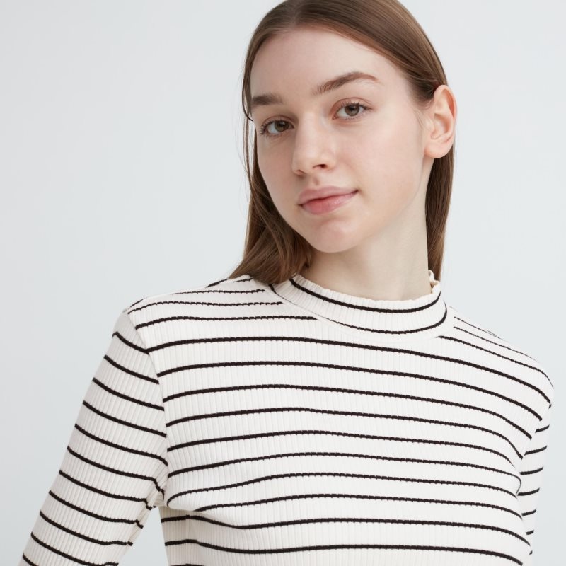 White Women Uniqlo Ribbed Striped High Neck Long-sleeve T Shirts | USA PEYHZ-5079