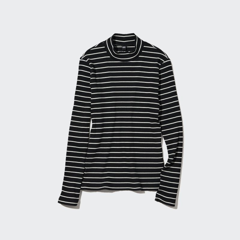 White Women Uniqlo Ribbed Striped High Neck Long-sleeve T Shirts | USA PEYHZ-5079