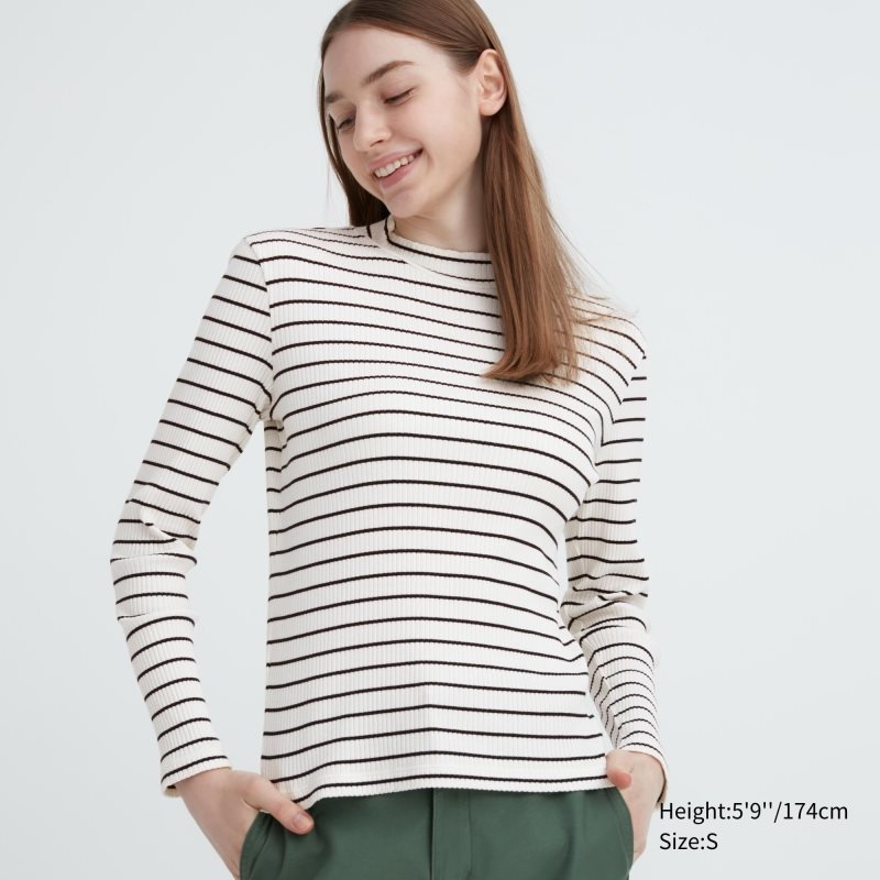 White Women Uniqlo Ribbed Striped High Neck Long-sleeve T Shirts | USA PEYHZ-5079